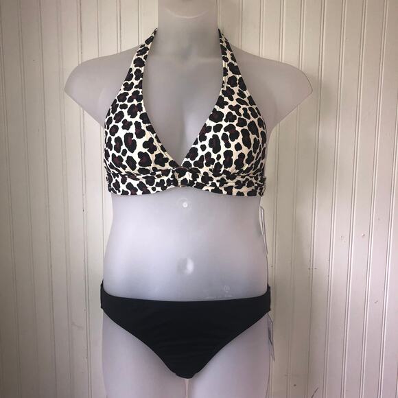MICHAEL KORS Retail $122 Maroon Black Animal Print Halter 2 Piece Size Large - Picture 1 of 6